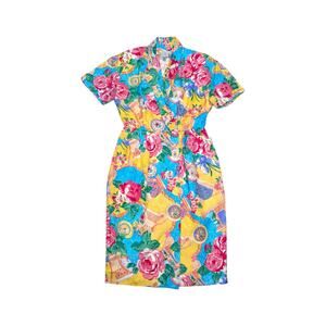 Vintage Adrianna Papell Silk Floral Dress Faux Wrap Short Sleeve Colorful Bright